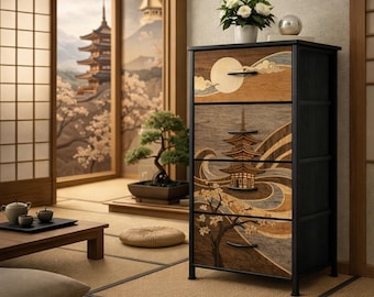 Traditional Japanese Furniture Cherry Blossom Art Dresser Decor Bedroom Storage Chest Pagoda Design Custom Home Moonlit Oriental Cabinet Men