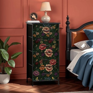 Vintage Garden Furniture Whimsical Botanical Dresser William Morris Inspired Rose Design Four Drawer Cabinet Storage Bedroom Organization Elegant Bird Pattern Floral Art Chest Home Furniture Nature Inspired Design Artistic Storage Solution