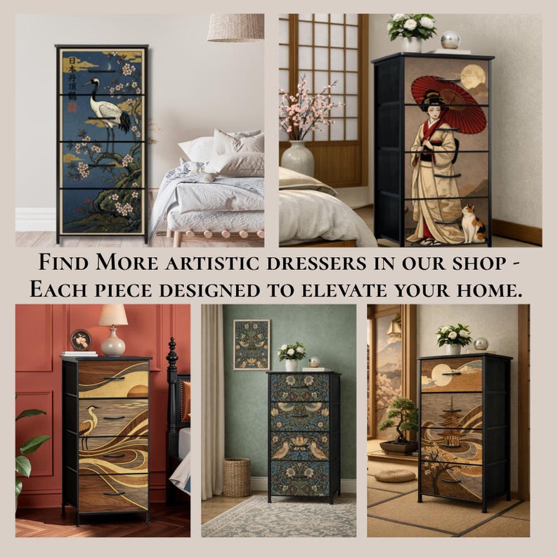 May include: A collection of five tall, narrow dressers with black metal frames and four drawers each. The drawer fronts feature various printed designs including a crane, a person with an umbrella, birds, and landscapes with Japanese-inspired motifs.
