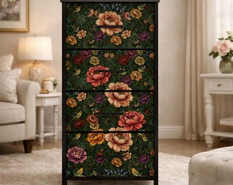 William Morris Furniture Botanical Art Rose Design Four Drawer Cabinet Storage Home Organization Bedroom Dresser Vintage Garden Whimsical