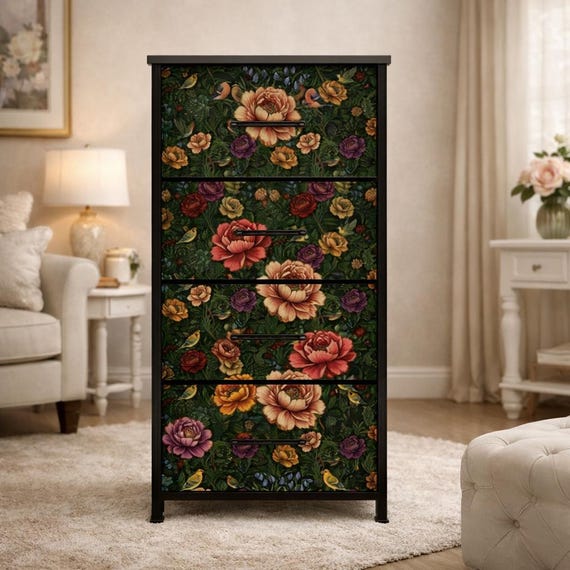 William Morris Furniture Botanical Art Rose Design Four Drawer Cabinet Storage Home Organization Bedroom Dresser Vintage Garden Whimsical