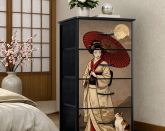 Japanese Cabinet Bedroom Furniture Storage Chest Dresser Japandi Style Home Decor Asian Inspired Geisha Art Moon Design Oriental Makeover