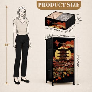 Oriental Asian Furniture Four Drawer Dresser Japanese Pagoda Temple Design Cherry Blossom Moon Art Zen Home Storage Cabinet Bedroom Organizer Steel Construction Men Gift Traditional Style Elegant Chest Meditation Space Living Room Accent