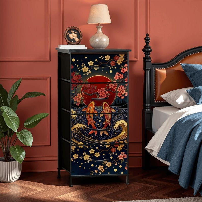 Japanese Furniture Storage Cabinet Bedroom Dresser Men Gift Unique Japandi Cherry Blossom Art Asian Inspired Minimalist Design Decor Koi image 8