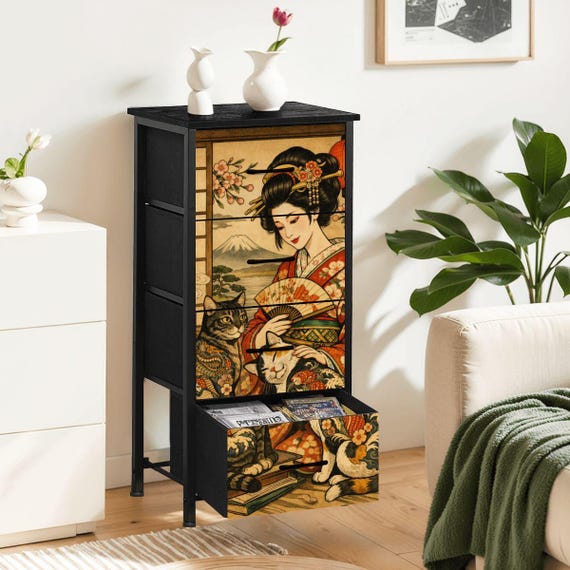 japanese style dresser Bedroom Storage Tower Organizer Fabric Drawer Chest Tall Narrow Furniture Geisha Art Mount Fuji Cat Design Asian minimalist home organization