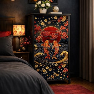 Artistic Japanese Storage Cabinet Bedroom Furniture Minimalist Design Koi Fish Cherry Blossom Art Japandi Style Dresser Asian Inspired Traditional Craftsmanship Perfect Men Gift Unique Bedroom Organization Solution Nature Themed Beautiful
