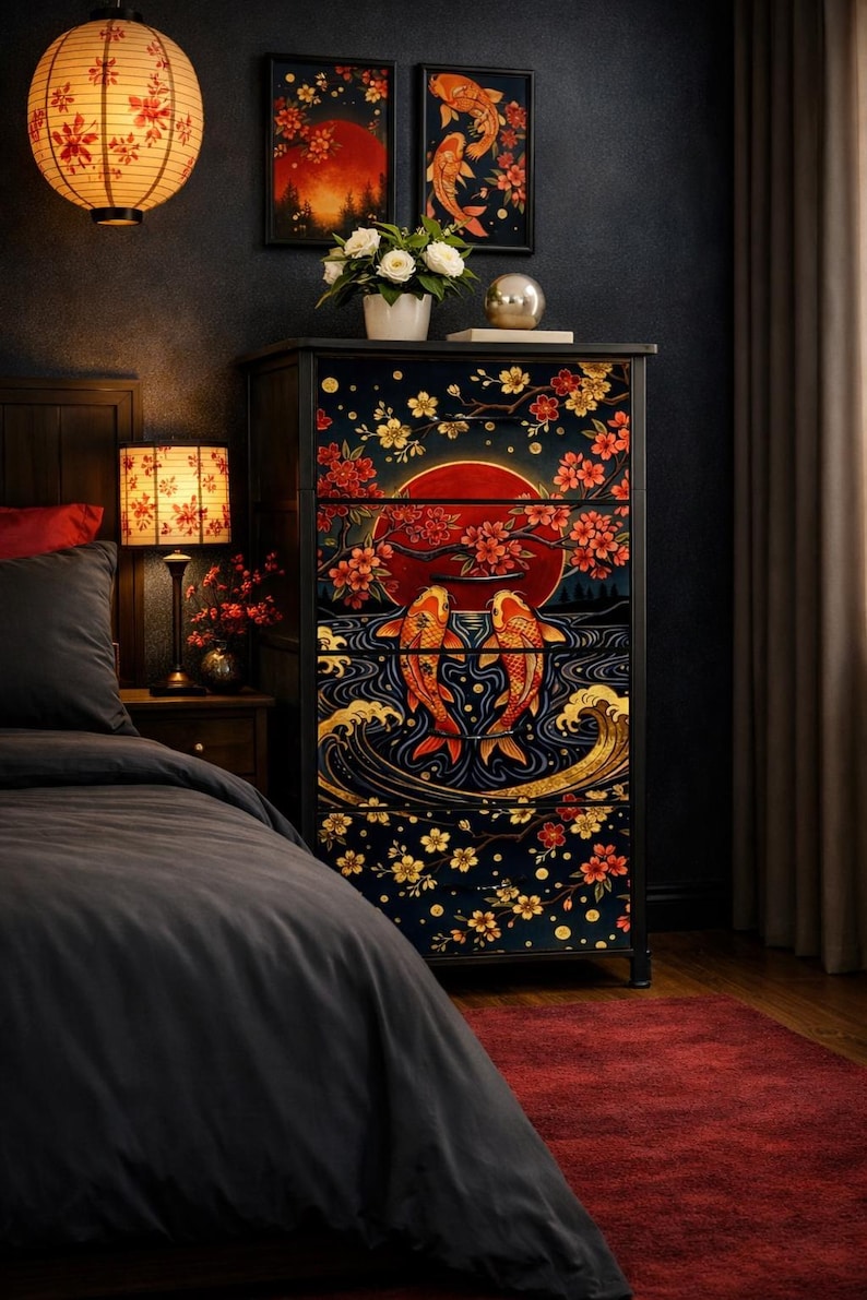 Artistic Japanese Storage Cabinet Bedroom Furniture Minimalist Design Koi Fish Cherry Blossom Art Japandi Style Dresser Asian Inspired Traditional Craftsmanship Perfect Men Gift Unique Bedroom Organization Solution Nature Themed Beautiful