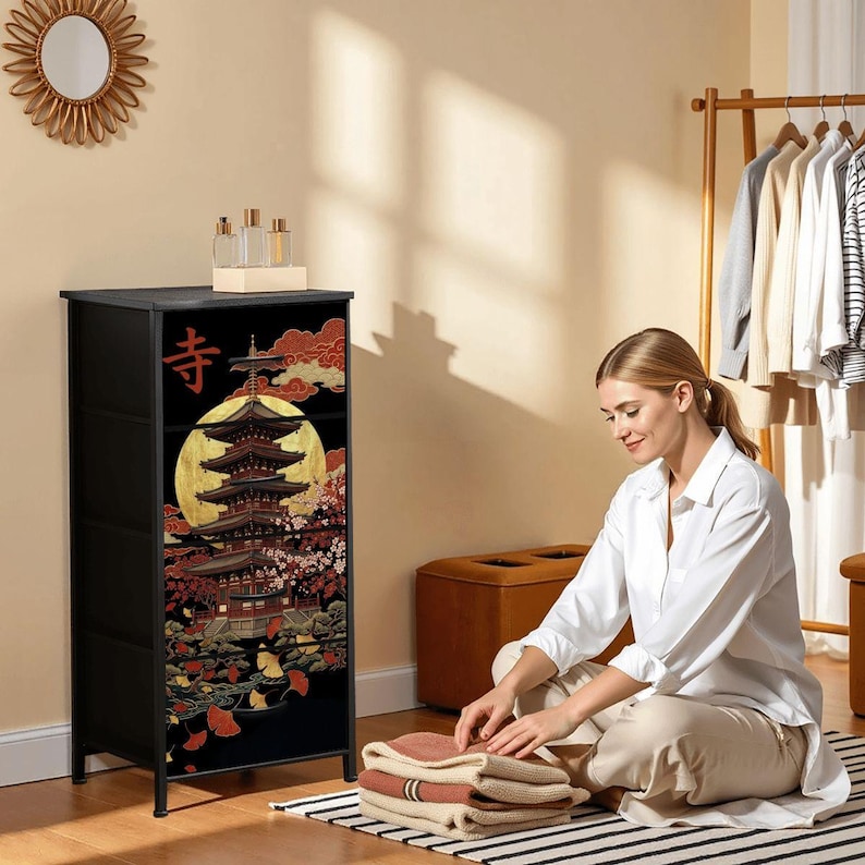 Japanese Pagoda Dresser Four Drawer Cabinet Zen Home Decor Cherry Blossom Art Furniture Temple Moon Design Oriental Asian Chest Men Gift image 6