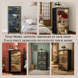 May include: A collection of five tall, narrow dressers with black metal frames and four drawers each. The drawer fronts feature various printed designs including a crane, a person with an umbrella, birds, and landscapes with Japanese-inspired motifs.