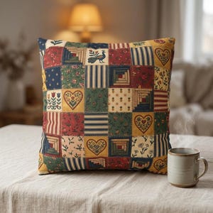 Farmhouse Pillow Cover Square Pillowcase Country Chic Decorative Throw Living Room Pillow Sham Patchwork Heart Cottage Bedroom Cushion
