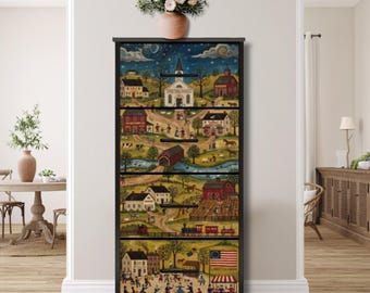 Rustic Storage Tower Bedroom Folk Art Dresser Organizer Craft Supply Cabinet Furniture Cozy Decor Americana Village Scene Print Accent Home