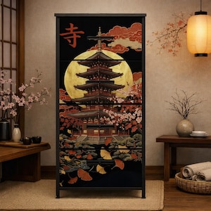 Four Drawer Cabinet Japanese Pagoda Dresser Temple Moon Cherry Blossom Art Oriental Asian Furniture Zen Home Storage Bedroom Organizer Men Gift Steel Construction Traditional Style Elegant Decorative Chest Living Room Accent Meditation