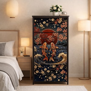 Japanese Furniture Storage Cabinet Bedroom Dresser Koi Fish Cherry Blossom Art Asian Inspired Minimalist Design Traditional Craftsmanship Perfect Bedroom Organization Solution Men Gift Unique Japandi Style Nature Themed Artistic Details
