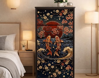 Japanese Furniture Storage Cabinet Bedroom Dresser Men Gift Unique Japandi Cherry Blossom Art Asian Inspired Minimalist Design Decor Koi