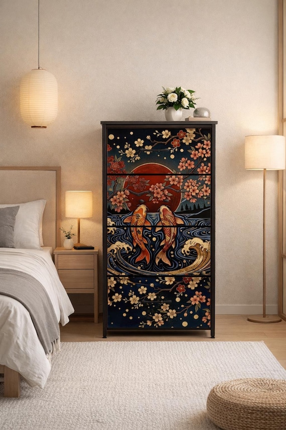 Japanese Furniture Storage Cabinet Bedroom Dresser Men Gift Unique Japandi Cherry Blossom Art Asian Inspired Minimalist Design Decor Koi