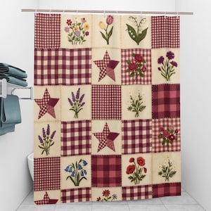 May include: A shower curtain featuring a patchwork design of alternating squares. The pattern includes burgundy and white gingham checks, solid burgundy stars, and various floral illustrations including tulips, roses, lavender, and poppies.