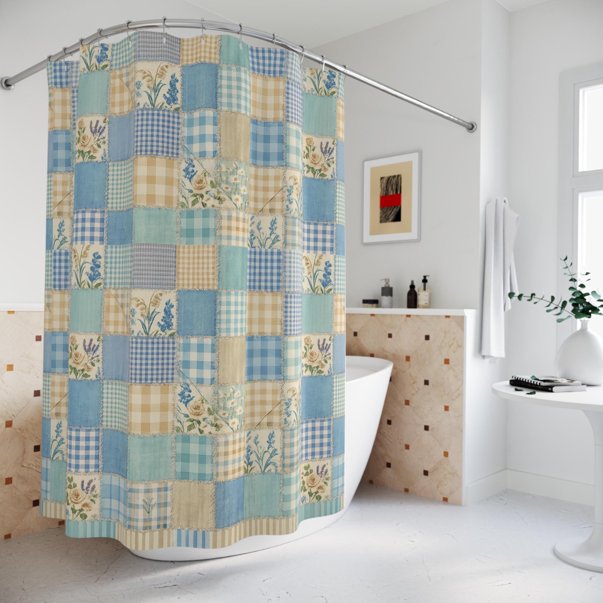 Blue Gingham Floral Bathroom Shower Curtain Plaid Quilted Bath Panel