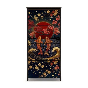 Bedroom Dresser Men Gift Unique Japandi Furniture Storage Cabinet Japanese Style Koi Fish Cherry Blossom Art Asian Inspired Minimalist Design Perfect Bedroom Organization Artistic Storage Solution Traditional Craftsmanship Beautiful Nature