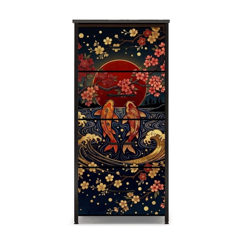 Bedroom Dresser Men Gift Unique Japandi Furniture Storage Cabinet Japanese Style Koi Fish Cherry Blossom Art Asian Inspired Minimalist Design Perfect Bedroom Organization Artistic Storage Solution Traditional Craftsmanship Beautiful Nature