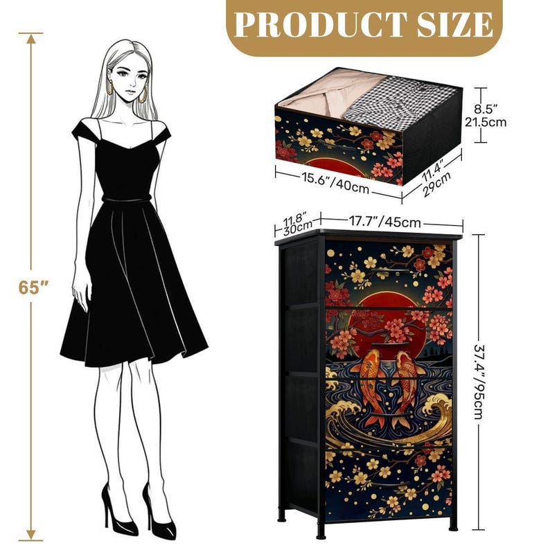 Japandi Style Dresser Japanese Furniture Storage Cabinet Bedroom Organization Koi Fish Cherry Blossom Art Asian Inspired Minimalist Design Men Gift Unique Artistic Storage Solution Traditional Craftsmanship Nature Themed Beautiful