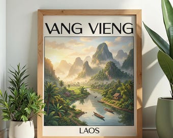 ヴァンヴィエンのポスター｜ラオスの壁掛けアート｜川のプリント｜旅行の壁掛けアート｜ホームデコレーション