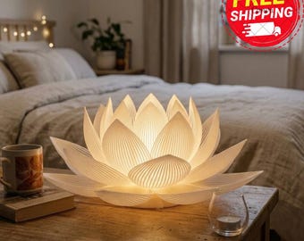 3D Printed Lotus Flower LED Lamp Glowing Ambient Bedside Table Decor