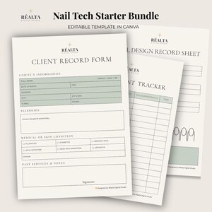 May include: A Nail Tech Starter Bundle with editable templates in Canva. The bundle includes a Client Record Form, a Nail Design Record Sheet, and a Client Tracker. The forms are white with light green accents and the Réalta Digital Studio logo.