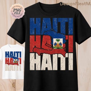 May include: Black t-shirt with a distressed design featuring the word "HAITI" in blue, red, and white, with the Haitian flag and map outline. A smaller white t-shirt with the same design is also visible.