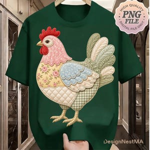 May include: Dark green t-shirt featuring a colorful patchwork rooster design. The rooster has a red comb, pink head, and a body with floral, blue, and checkered patterns. The image includes a "High Quality PNG File" graphic.