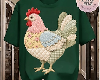 Pollo de patchwork falso PNG, gráfico de gallina de granja acolchada, sublimación de cuadros vichy florales rústicos, descarga digital de primavera estilo cottagecore