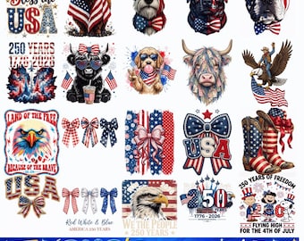 Paquete PNG de 250 años de Estados Unidos: imágenes prediseñadas de águila patriótica vintage y campana de la libertad de EE. UU. (1776), 4 de julio, gráficos para uso comercial, descarga digital.