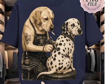 Artista de tatuajes dálmata retro PNG, gráfico de meme de perro fumando vintage, descarga digital de perro de dibujos animados divertido, sublimación de tienda de tatuajes