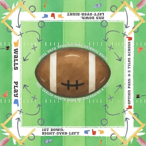 May include: A watercolor-style board game design with a football at the center. The green field has white lines and text indicating game instructions, including "Walls" and "Play." Goalposts are at each corner. The game is designed for 1st and 2nd downs.