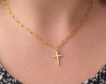 Dainty Gold Cross Necklace, Minimalist Paperclip Chain Faith Jewelry