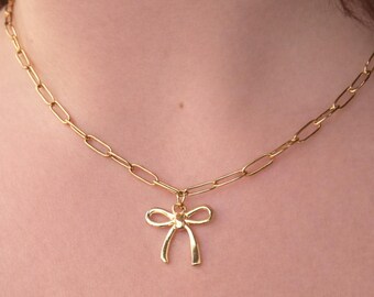 Coquette Bow Necklace Gold Bow Necklace Dainty Bow Charm Necklace Paperclip Chain Feminine Minimalist Gift for Her