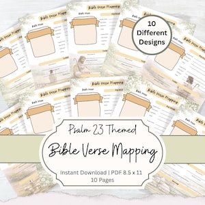 Può includere: Una raccolta di fogli di lavoro stampabili per la mappatura dei versetti biblici con il tema del Salmo 23. I fogli di lavoro presentano uno schema di colori beige e crema, con spazio per le note e uno striscione decorativo. Il testo recita "Bible Verse Mapping" e "10 Different Designs".