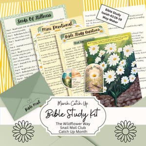 Könnte beinhalten: Ein Bibelstudien-Kit mit dem Text "March Catch Up Bible Study Kit" und "The Wildflower Way Snail Mail Club Catch Up Month". Das Kit enthält Studienführer, ein Andachtsbuch und einen "Way Maker"-Aufkleber mit Gänseblümchen.