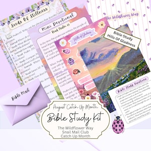 May include: A Bible study kit featuring printed pages with floral and ladybug motifs. Text includes Seeds Of Stillness, Mini Devotional, Hills Of Gladness, and Bible Study Kit. A light purple envelope labeled Bible Mail is included with the paper sheets.