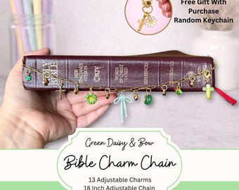 Bible Charm Chain Green Bible Chain Christian Bible Accessory Faith Gift for Women Gold Bible Bookmark Green Bow 13 Christian Charms Cross