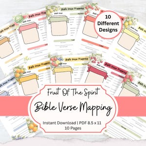 May include: A set of ten Bible verse mapping templates, each with a jar graphic and space for notes. The pages are decorated with fruit illustrations. The title "Fruit Of The Spirit Bible Verse Mapping" is displayed. PDF 8.5 x 11.