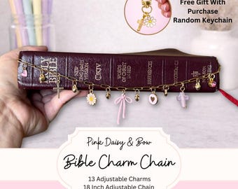 Bible Charm Chain Pink Bible Chain Christian Bible Accessory Easter Gift Faith Gift for Women Gold Bible Bookmark Pink Bow White Daisy Charm