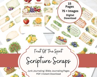 Schrift-Scraps Christian Junk Journaling Seiten für Bibel Journaling Frucht des Geistes unter dem Motto mit Bibel Verse Kirschen Zitronen Äpfel