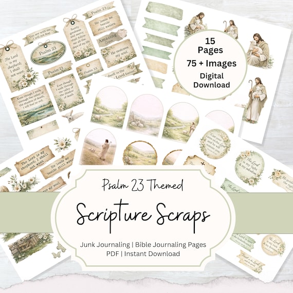 Scripture Scraps Christian Junk Journaling Pages For Bible Journaling Psalm 23 Themed The Lord Is My Shepherd Cottage Core Shabby Chic Folio