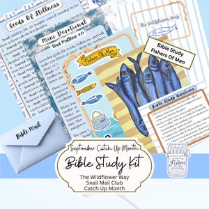 May include: A Bible study kit featuring printed pages with the titles Seeds Of Stillness, Mini Devotional, Fishers Of Men, and Bible Study Questions. The kit includes illustrations of blue fish, a rope border, a basket, and a Bible Mail envelope.
