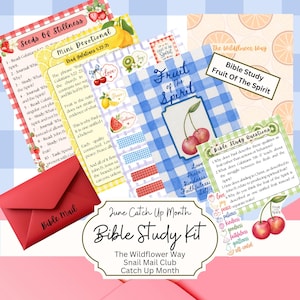 May include: A Bible study kit featuring printed sheets with fruit illustrations, including cherries, lemons, and strawberries. The pages contain text such as Seeds Of Stillness, Fruit of the Spirit, and Bible Study Questions, accompanied by a red envelope labeled Bible Mail.