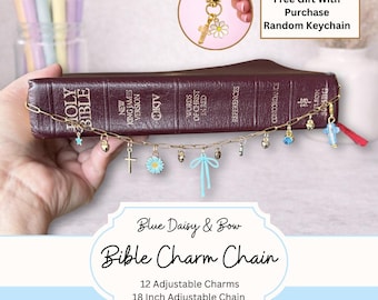 Bible Charm Chain Blue Bible Chain Christian Bible Accessory Faith Gift for Women Gold Bible Bookmark Blue Bow Christian Charms Easter Gift