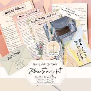 May include: A Bible study kit featuring printed devotional sheets titled Seeds Of Stillness, Mini Devotional, and Bible Study Questions. Includes a card with a tomb illustration, text reading He is not here: for He is risen, and a small envelope.