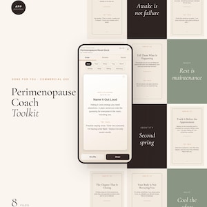 Op de afbeelding: Een Perimenopause Coach Toolkit digitaal productdisplay met een smartphone die een kaartspelinterface toont, omringd door acht individuele kaartontwerpen in crème, zwart en saliegroen met diverse welzijnsprompts en titels.