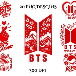 May include: A collection of 20 red graphic designs featuring the BTS logo, text including BTS ARMY and K-POP, cherry blossom motifs, mountain landscapes, a finger heart, and the South Korean flag symbol, all presented as digital PNG files at 300 DPI.