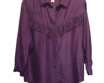 Top de estilo western vintage morado con flecos de seda, abotonado, estilo vaquero, talla pequeña.